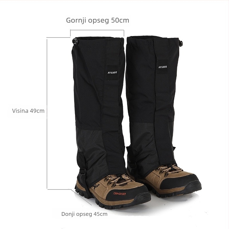 Vanjske gaiters za snijeg, dužine 50-55 cm, proširene i produžene; vodootporne, otporne na blato i insekte; zaštita listova i stopala uz vezice