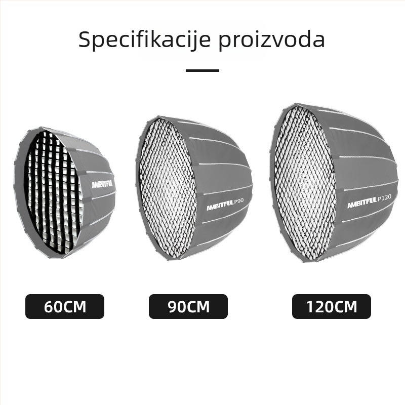 Parabolični softbox s brzim oslobađanjem, netkani materijal, mreža s šesterokutnim ćelijama, za fotografiju i videografiju.
