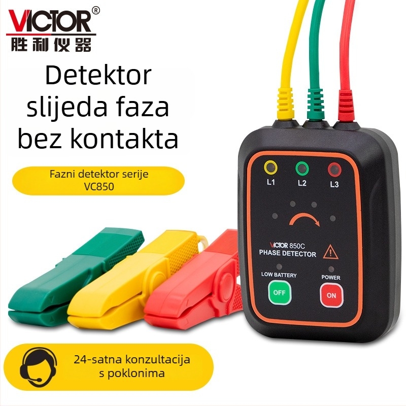 Trofazni AC fazometar i tester fazne sekvence VC850A/B/C/D, raspon mjerenja 220–600V, namijenjen za testiranje fazne sekvence motora.