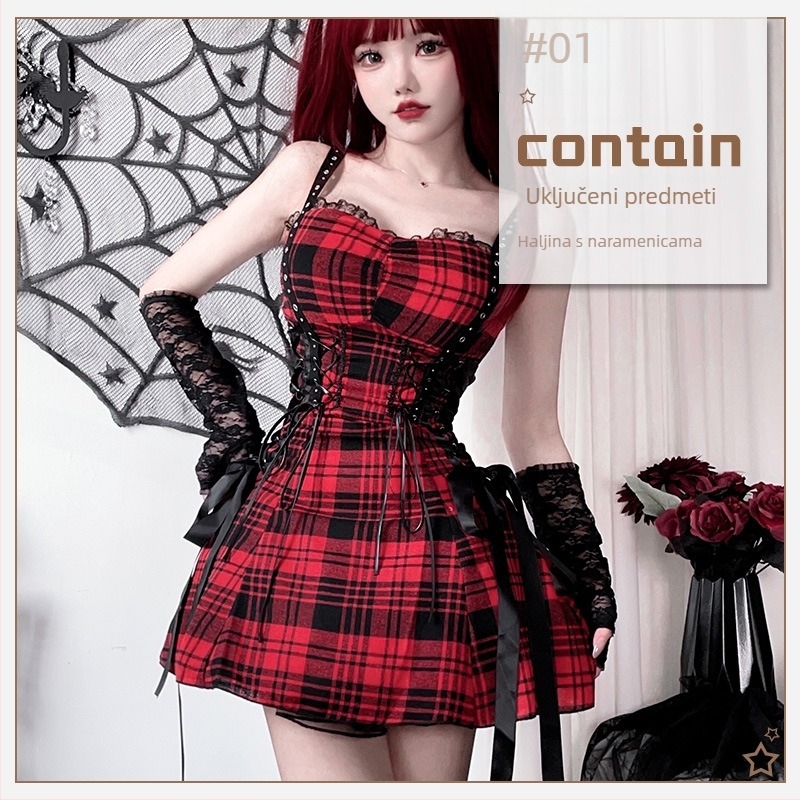 Kockasta Goth Lolita haljina, bez rukava, bez ovratnika, slip suknja, poliester