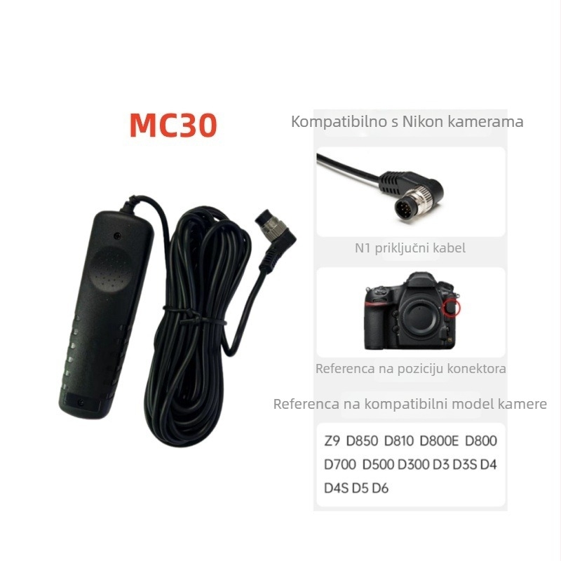 Kabel za daljinsko upravljanje zatvaračem kamere – Modeli RS-60E3, 80N3, MC-DC2, MC-30, RM-VPR1, RM-UC1; Materijal: guma; Maksimalno opterećenje: više od 10 kg; Težina: 50 g