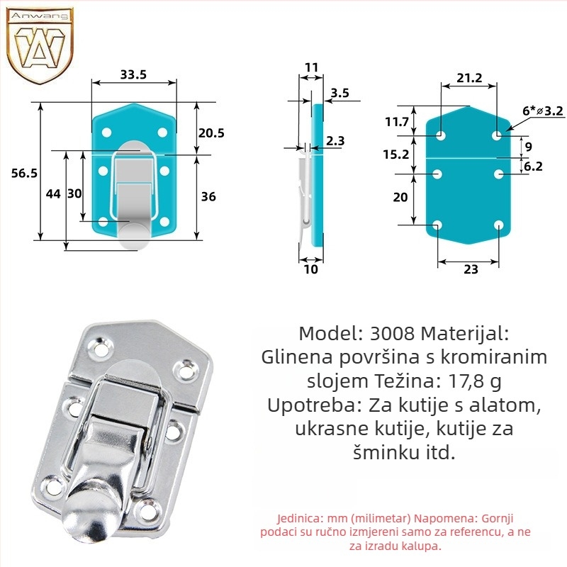 Anwang 3008 metalna kutija kopča za torbe, kromirana završna obrada, moderni minimalistički stil