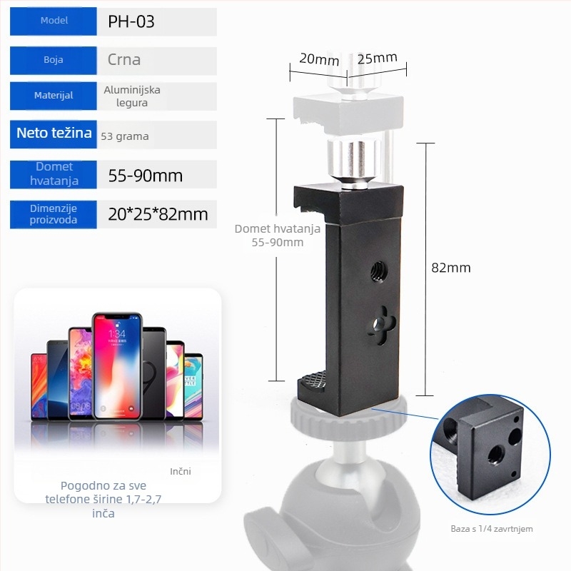 Univerzalna metalna pločica za stolni stativ s držačem za telefon – brzo oslobađanje, za horizontalno i vertikalno fotografiranje; aluminijski spoj; maksimalno opterećenje 2–5 kg; težina 0,14 kg