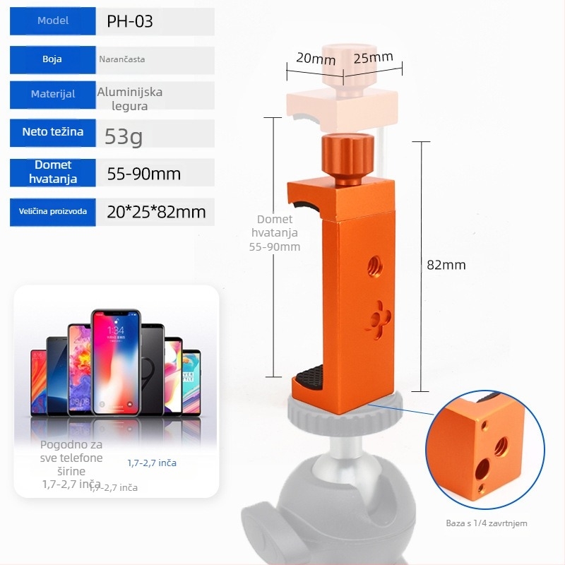 Univerzalna metalna pločica za stolni stativ s držačem za telefon – brzo oslobađanje, za horizontalno i vertikalno fotografiranje; aluminijski spoj; maksimalno opterećenje 2–5 kg; težina 0,14 kg