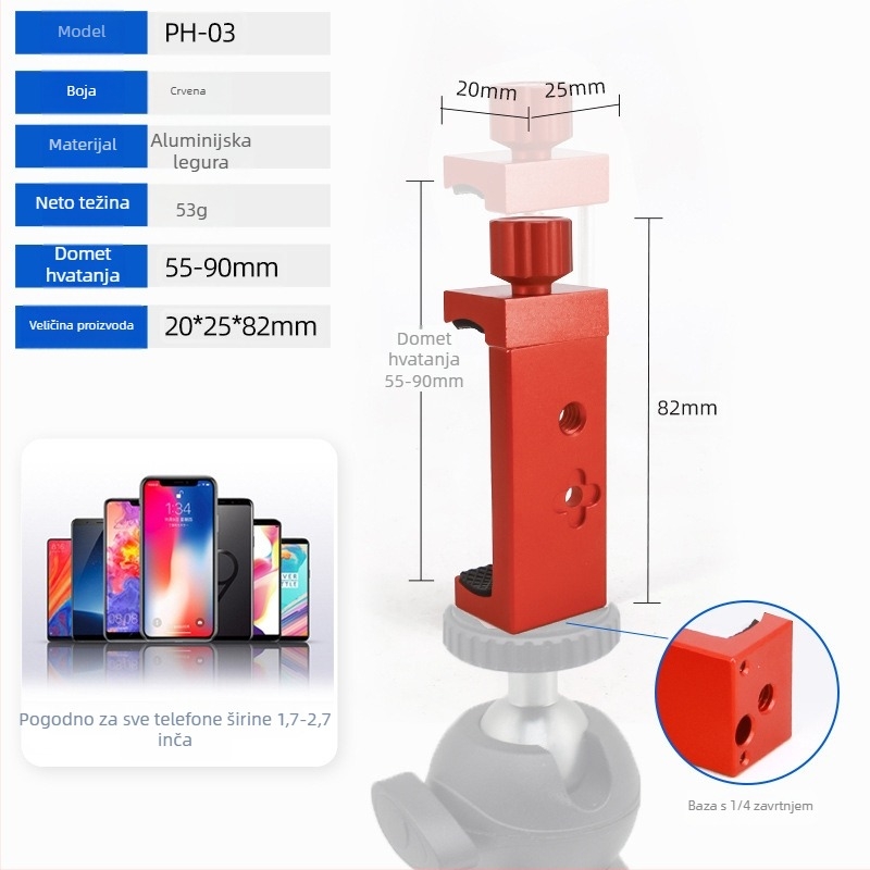 Univerzalna metalna pločica za stolni stativ s držačem za telefon – brzo oslobađanje, za horizontalno i vertikalno fotografiranje; aluminijski spoj; maksimalno opterećenje 2–5 kg; težina 0,14 kg