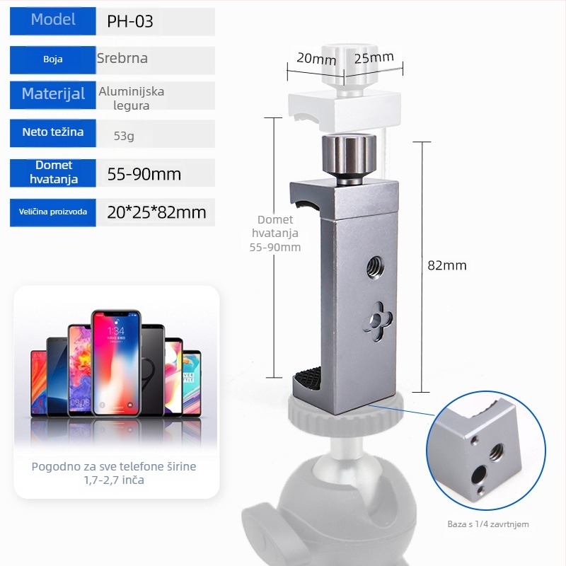 Univerzalna metalna pločica za stolni stativ s držačem za telefon – brzo oslobađanje, za horizontalno i vertikalno fotografiranje; aluminijski spoj; maksimalno opterećenje 2–5 kg; težina 0,14 kg