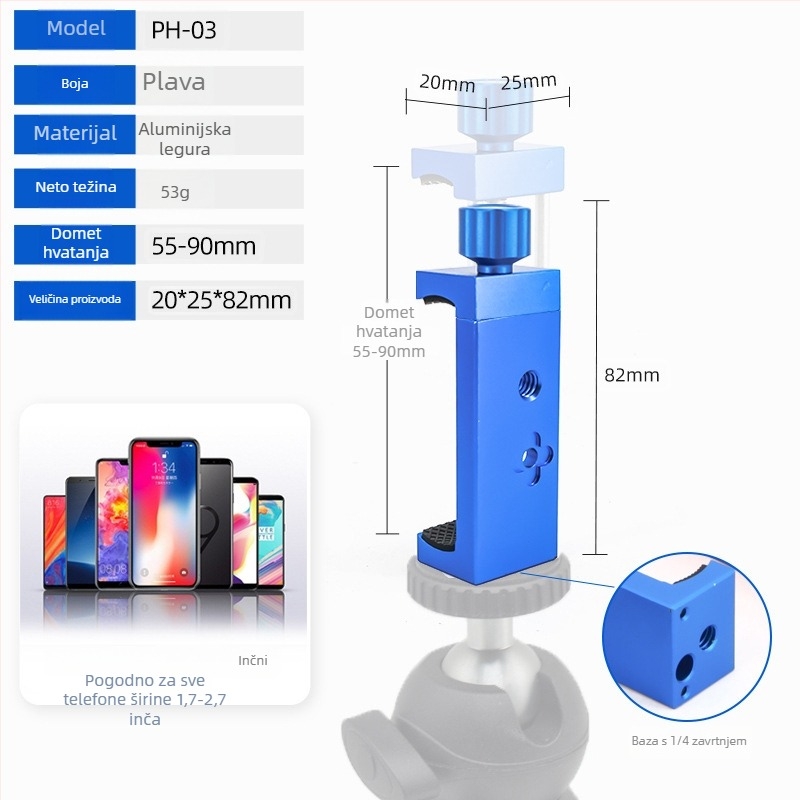 Univerzalna metalna pločica za stolni stativ s držačem za telefon – brzo oslobađanje, za horizontalno i vertikalno fotografiranje; aluminijski spoj; maksimalno opterećenje 2–5 kg; težina 0,14 kg