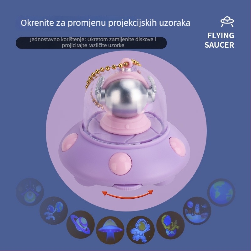 Svijetleći privjesak za ključeve s projekcijom svemirskog broda za djecu, mini crtani UFO privjesak