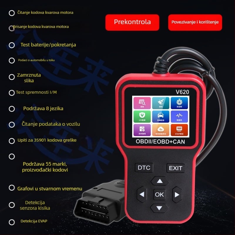 V620 Detektor kvarova automobila - Čitanje kvarova motora, Tok podataka, OBD2, 12-24V