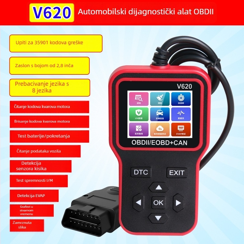 V620 Detektor kvarova automobila - Čitanje kvarova motora, Tok podataka, OBD2, 12-24V