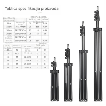 Tusheng Podna stativ za mobitel — Željezna konstrukcija, 0,5 kg, 2–3 sekcije