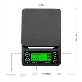Changxie C07 Elektronička kuhinjska vaga za kavu, preciznost 0,1 g, kapacitet do 5 kg, tajmer, HD zaslon