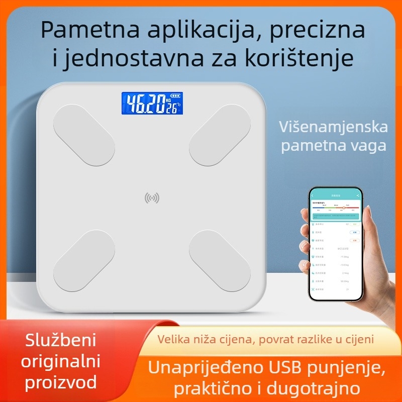 Vaga za tjelesnu težinu i masnoću, kapacitet 180 kg, USB punjenje / AAA baterija, ploča od kaljenog stakla