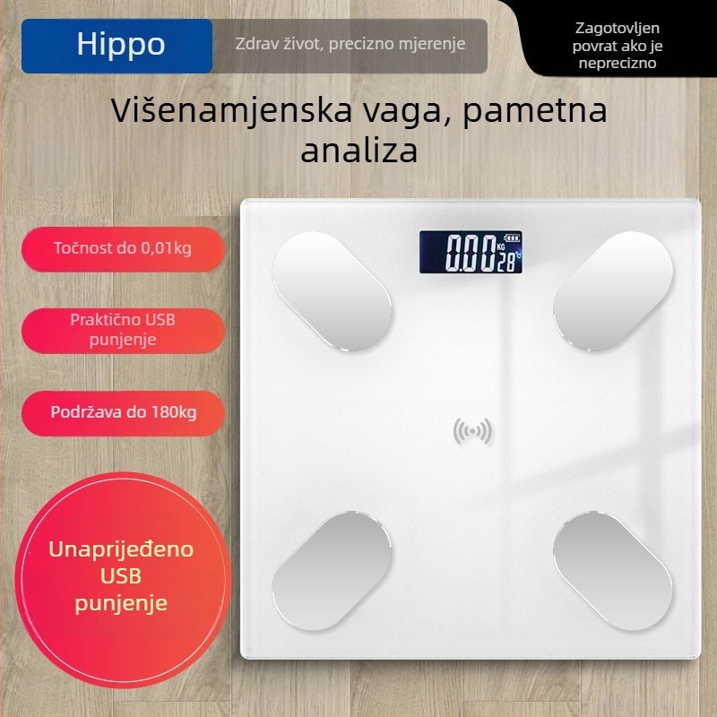 Vaga za tjelesnu težinu i masnoću, kapacitet 180 kg, USB punjenje / AAA baterija, ploča od kaljenog stakla