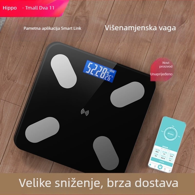 Vaga za tjelesnu težinu i masnoću, kapacitet 180 kg, USB punjenje / AAA baterija, ploča od kaljenog stakla