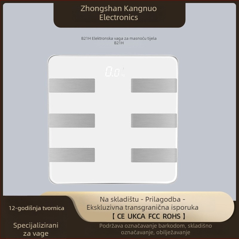 Pametna vaga za mjerenje tjelesne masnoće s Bluetoothom, model B21H; raspon mjerenja 0,1–180 kg; elektroničko mjerenje; napajanje s 2 AAA baterije.