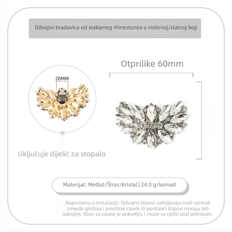 Metalna kopča za cipele s kristalima, model S0084, pogodna za sandale i casual cipele, stil: originalni dizajn kopče, težina 24 g, materijal: cinkov spoj/kristalno staklo