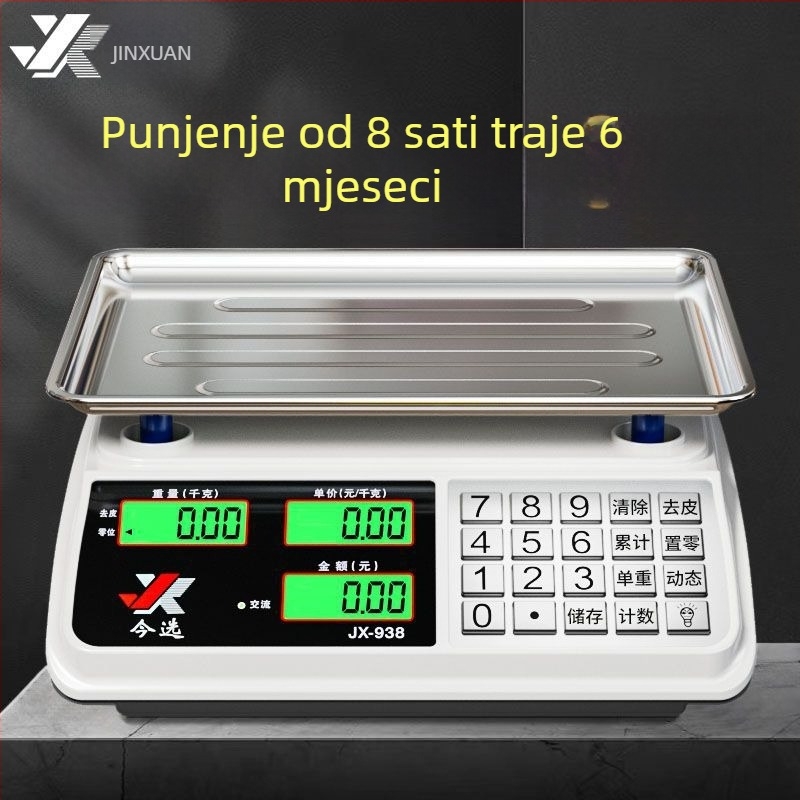 Elektronička vaga za povrće – model JX-938B, raspon vaganja 30 g–30 kg, elektroničko mjerenje, napajanje: baterija ili priključak, za određivanje cijene