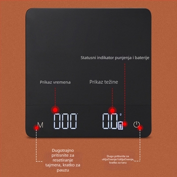 Inteligentna kuhinjska vaga za kavu s USB-om i automatskim mjerenjem vremena, kuhinjska vaga, model R30, maksimalni kapacitet 5 kg, rezolucija 0,1 g