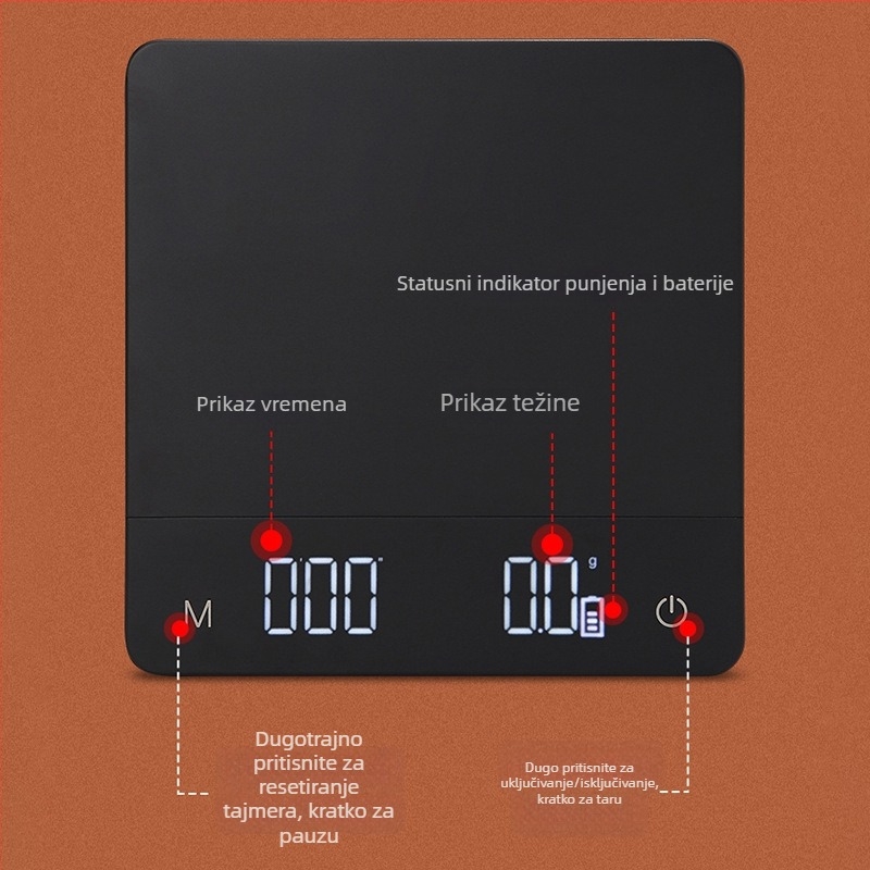 Inteligentna kuhinjska vaga za kavu s USB-om i automatskim mjerenjem vremena, kuhinjska vaga, model R30, maksimalni kapacitet 5 kg, rezolucija 0,1 g