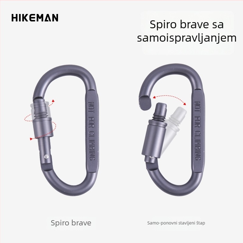 D-tip karabinjer od aluminijske legure sa zaključnim mehanizmom, za kampiranje i outdoor opremu; pogodna za ključni lanac i kopču na ruksaku