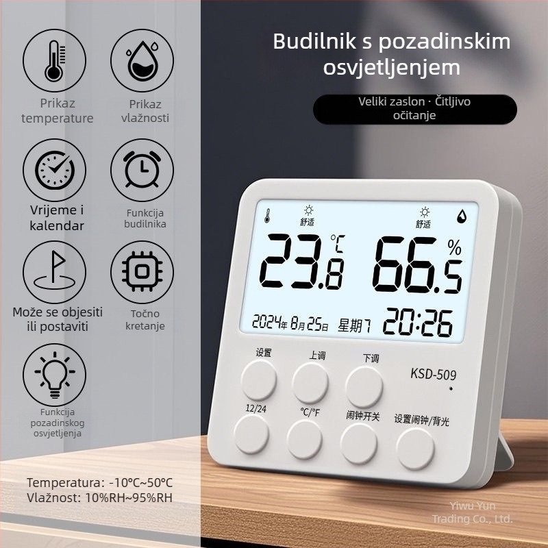 Unutarnji digitalni termometar-higrometar sa satom i alarmom – mjeri temperaturu i vlagu