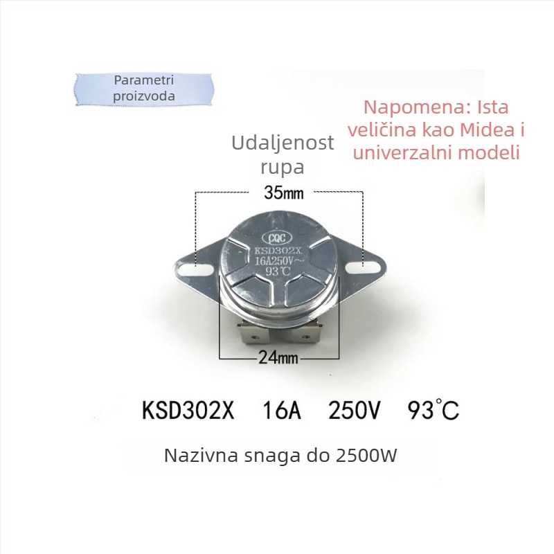 Priložak za termostatni prekidač spremnika električnog bojlera, 92°C/93°C, 16A/20A, zaštita od pregrijavanja i zaštita od suhog sagorijevanja