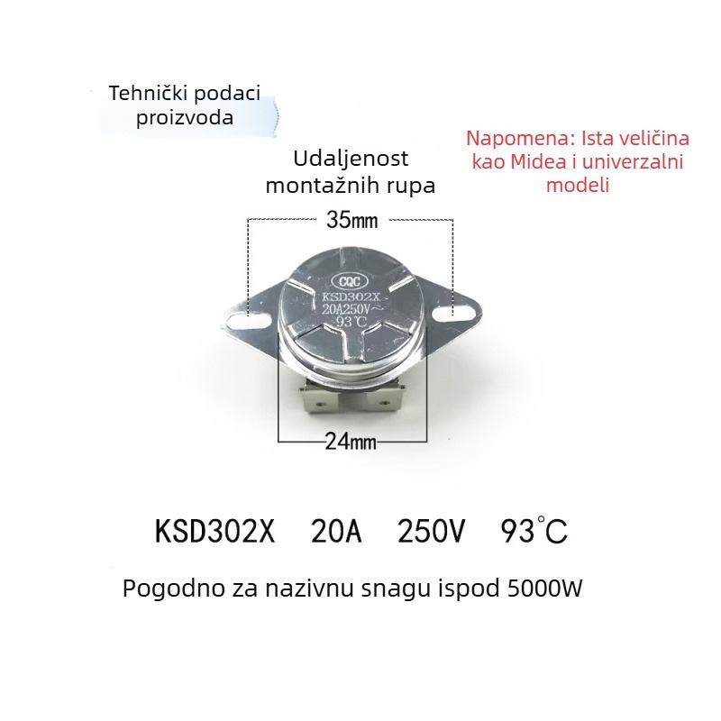 Priložak za termostatni prekidač spremnika električnog bojlera, 92°C/93°C, 16A/20A, zaštita od pregrijavanja i zaštita od suhog sagorijevanja