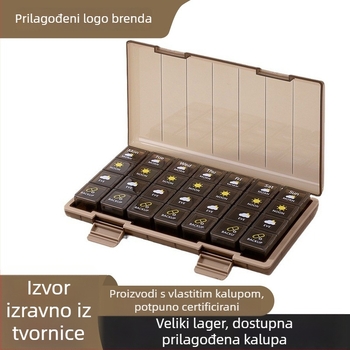 Tjedna kutija za tablete s pregradama, zatvorena, prehrambeni PP plast, mogućnost tiskanja logotipa