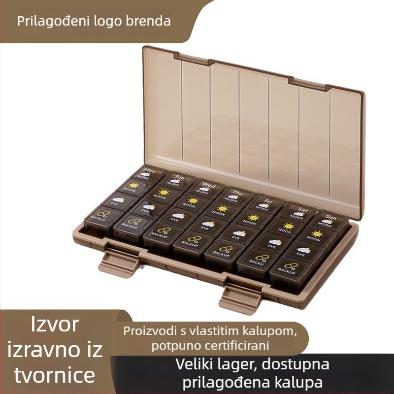 Tjedna kutija za tablete s pregradama, zatvorena, prehrambeni PP plast, mogućnost tiskanja logotipa