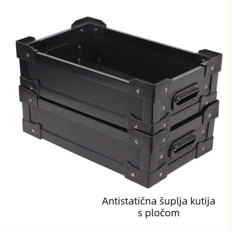 Antistatična pločasta okvir-kutija, PP materijal, debljina stijenke 2–12 mm, nosivost 30 kg, prozračna, vodootporna i lagana, prilagodljiva za logističko pakiranje