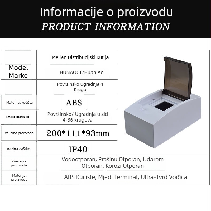 Vanjska vodootporna ABS kutija za kućnu upotrebu, prazna, 4–36 krugova, IP40, ABS kućište, površinska ugradnja, Meilan serija