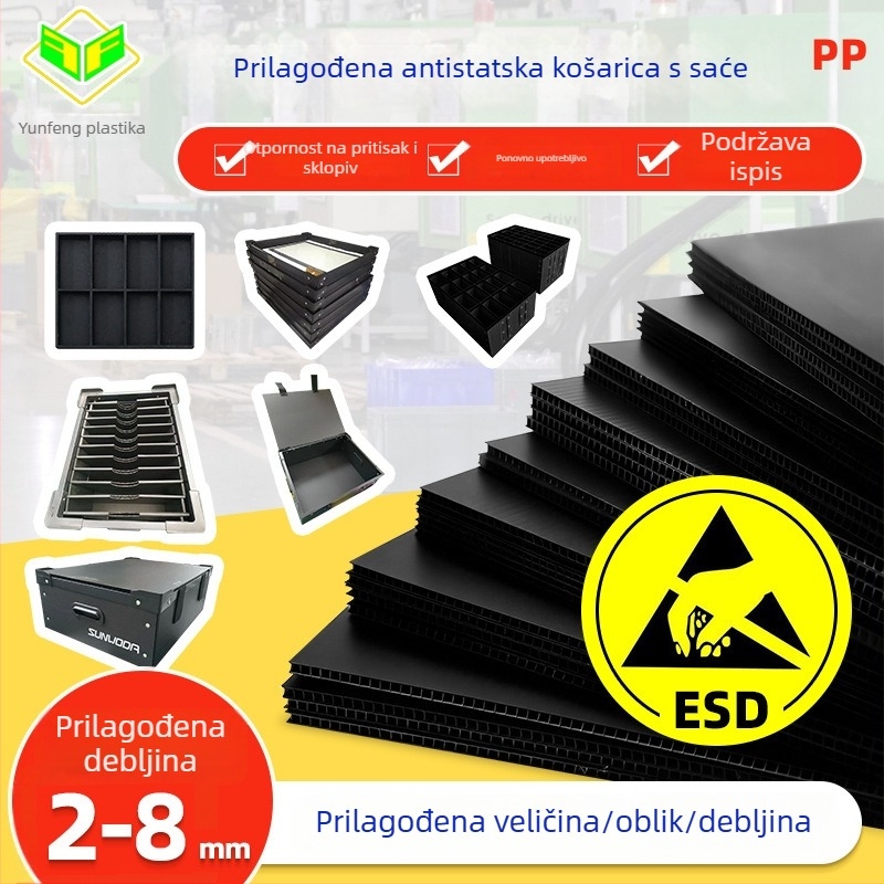 Antistatična šuplja kutija od PP-a, crna, vodootporna i otporna na vlagu, za pohranu PCB komponenti
