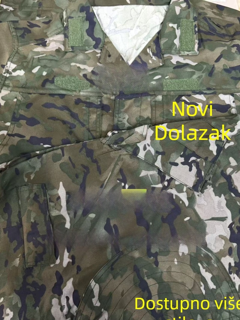 Kamuflažni radni komplet (košulja i hlače) – tkanina od pamukasto‑mješane smjese, prozračna, otporna na habanje, antistatična, kamuflažni uzorak, unisex, za sve sezone.