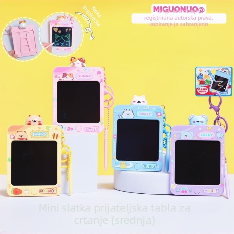 Ključni privjesak s simpatičnim crtanim životinjama i graffiti pločom za crtanje, plastični materijal, moderan minimalistički stil