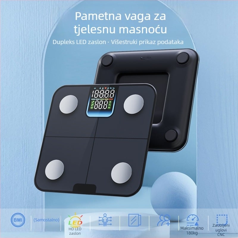 Vaga za tjelesnu masnoću i vodu s 4 senzora, Bluetooth BLE, LED zaslon, kapacitet 180 kg