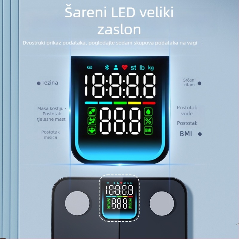 Vaga za tjelesnu masnoću i vodu s 4 senzora, Bluetooth BLE, LED zaslon, kapacitet 180 kg