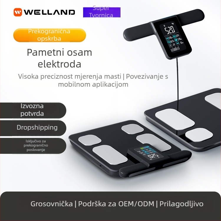 Vaga za tijelo s osam elektrodama za mjerenje masnoće, s aplikacijom, mjerenje masnoće i vlage, 5–180 kg, korak 0,1 kg, ploča od kaljenog stakla