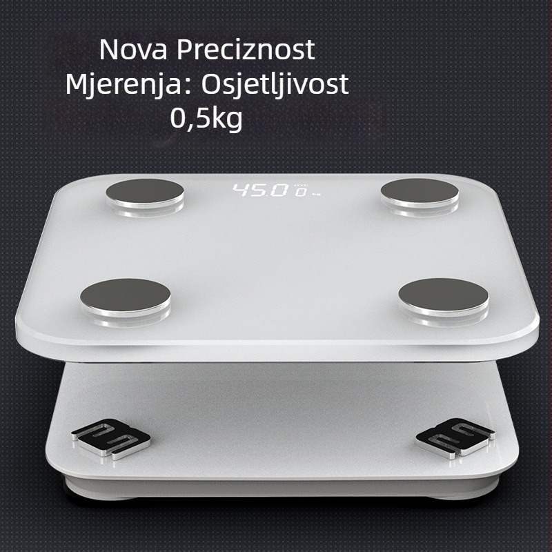 Vaga za tjelesnu masnoću s Bluetoothom, kapacitet 180 kg, mjeri težinu, masnoću, kalorije i vlagu, USB punjenje