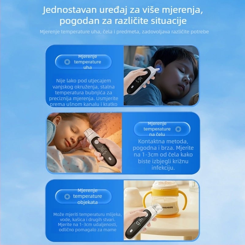 Yalanshi elektronički termometar za uho i čelo za bebe i djecu s LCD zaslonom, točan mjerenje temperature, pohrana povijesti mjerenja, način mjerenja za uho