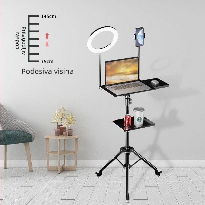 Stalak za notebook s podesivom visinom, policom za stol i rotirajućim pladnjem na tronožnoj osnovi