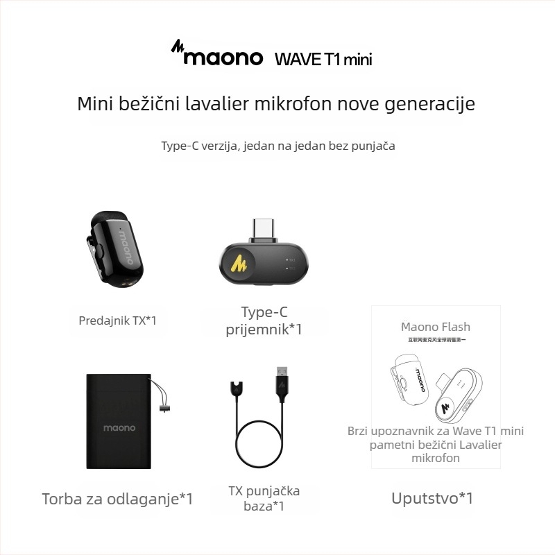 Maono Flash T1Mini omnidirekcionalni mikrofon s klipom, bežični za prijenos uživo na mobitel