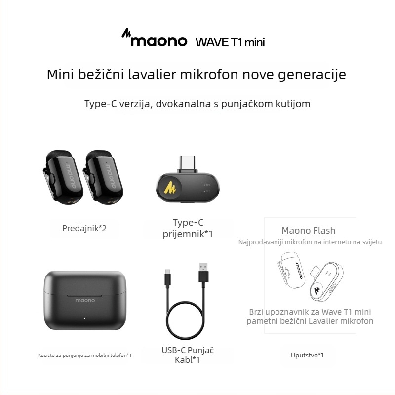 Maono Flash T1Mini omnidirekcionalni mikrofon s klipom, bežični za prijenos uživo na mobitel