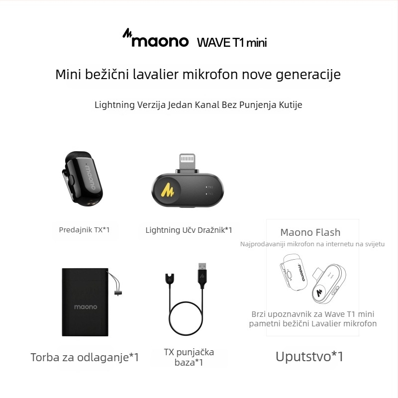 Maono Flash T1Mini omnidirekcionalni mikrofon s klipom, bežični za prijenos uživo na mobitel