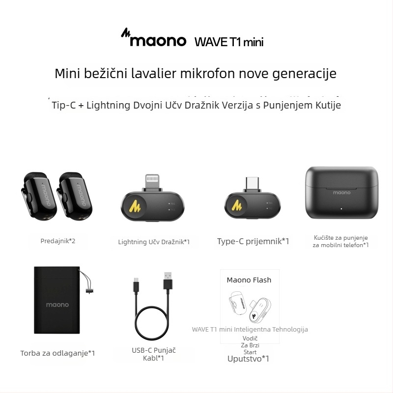 Maono Flash T1Mini omnidirekcionalni mikrofon s klipom, bežični za prijenos uživo na mobitel