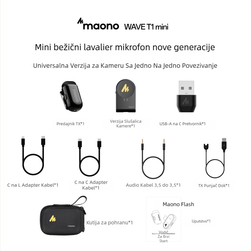 Maono Flash T1Mini omnidirekcionalni mikrofon s klipom, bežični za prijenos uživo na mobitel