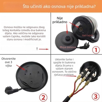 Električna baza i dodaci za električno kuhalo vode — odvojiva konstrukcija; baza s kabelom; universalna kompatibilnost s vodećim markama