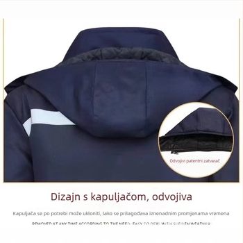Zimska pamučna topla jakna za posao — topla, otporna na vjetar, otporna na habanje; materijal: pamuk; glavna tkanina: 95% poliester; podstava: svila-pamučna 91–95%; maskirani uzorak