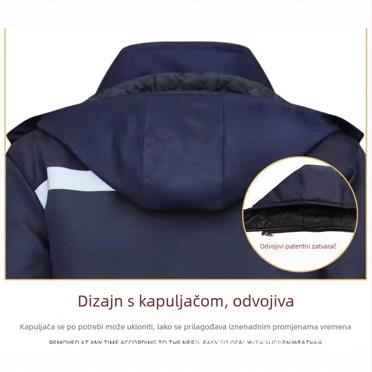 Zimska pamučna topla jakna za posao — topla, otporna na vjetar, otporna na habanje; materijal: pamuk; glavna tkanina: 95% poliester; podstava: svila-pamučna 91–95%; maskirani uzorak