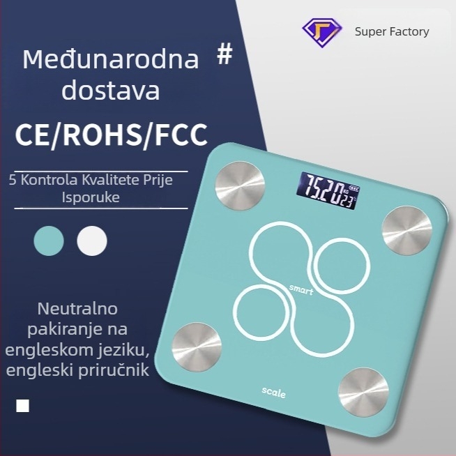 Vaga za tjelesnu masu s Bluetoothom; mjerenje tjelesne mase i masnoća; maksimalna nosivost 180 kg; napajanje USB/2xAAA